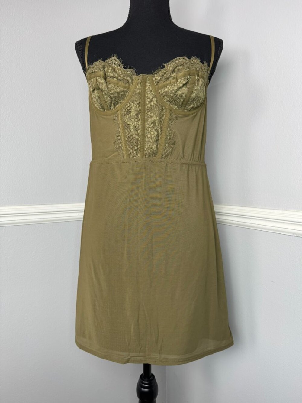 Urban Outfitters L Modern Love Olive Green Lace Bustier Mini Dress Coquette Sexy
